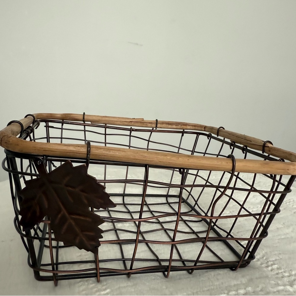 Wire Basket with Wooden Rim and Leaf Accent
